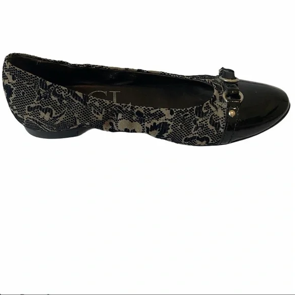 AGL Ballet Flats EU 38 / US 8 Black Patent Leather Monika Cap Toe Velvet Brocade - Picture 6 of 11
